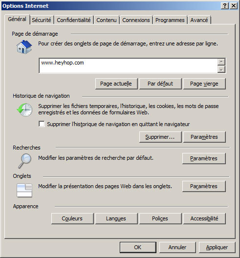 Heyhop en page d'accueil sur Internet Explorer